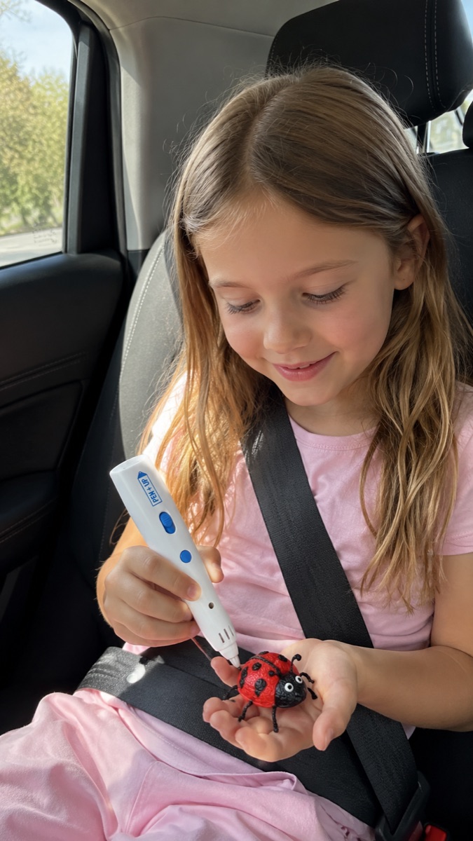 Une enfant tient le stylo 3D Pen'Up 3D et l'une de ses créations