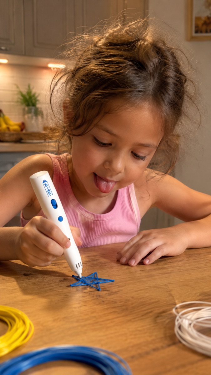 Une enfant trace une étoile en 3D avec le stylo Pen'Up 3D, des bobines de filament devant elle