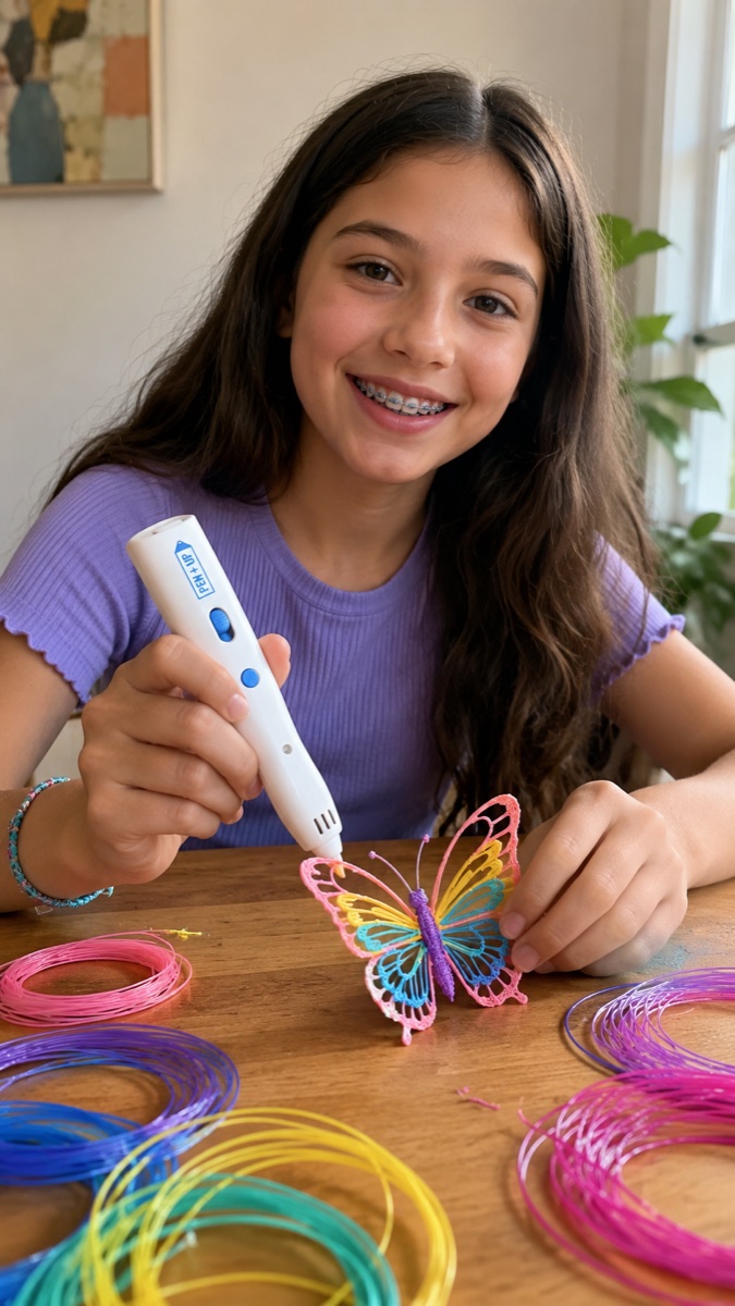 Une enfant rayonnante tient le stylo 3D Pen'Up 3D et un papillon arc-en-ciel qu'elle vient de créer