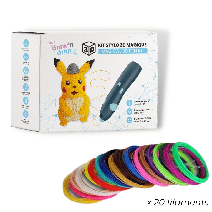 Le kit stylo 3D magique Draw'n Drop avec sa boîte et ses filaments