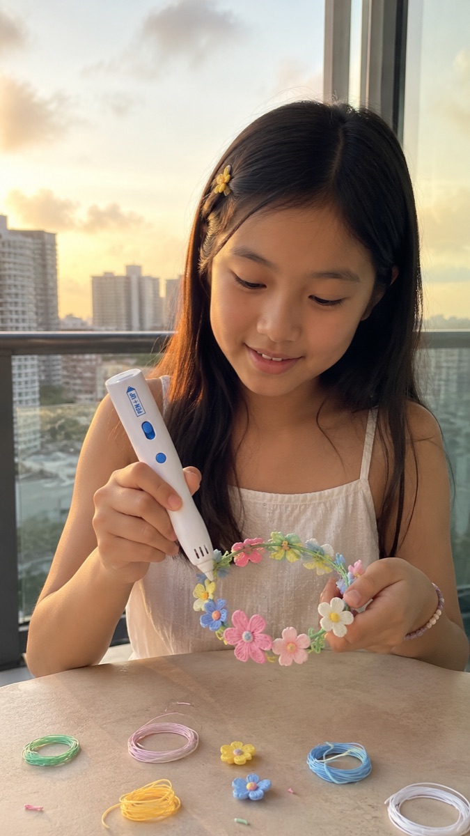 Une enfant crée au stylo 3D Pen'Up 3D, entourée de bobines de filament colorées