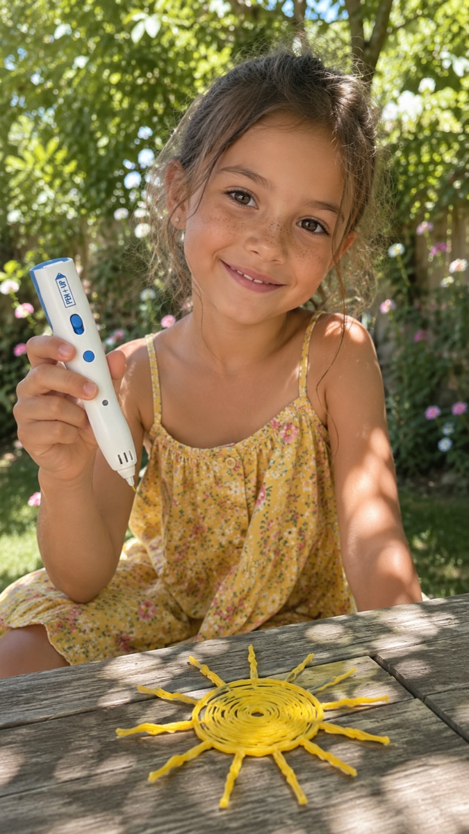 Une enfant sourit en tenant le stylo 3D Pen'Up 3D, à côté d'un soleil créé en 3D