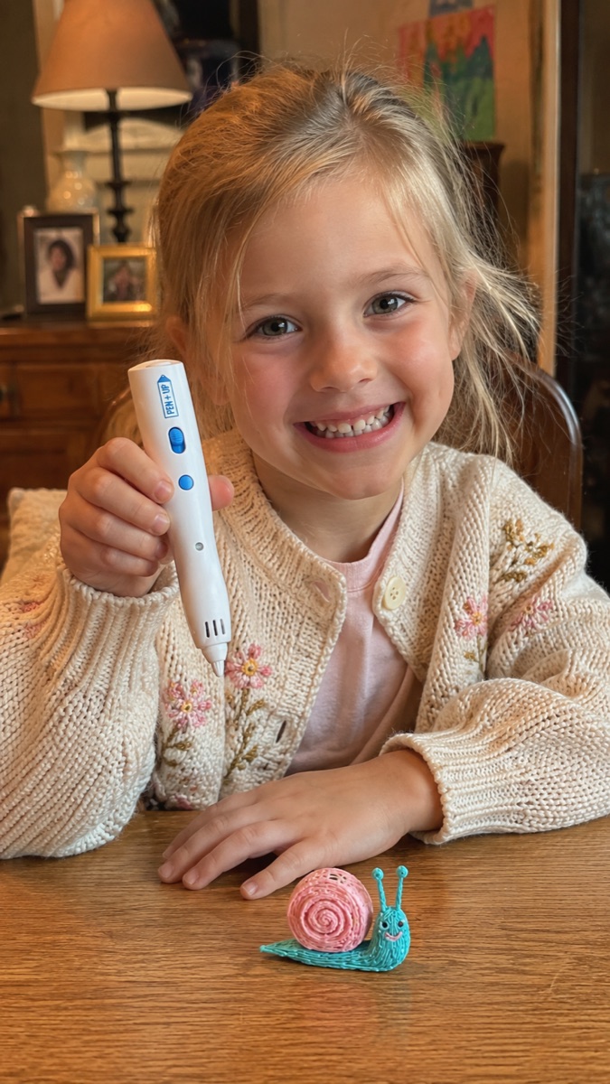 Une enfant sourit en tenant le stylo 3D Pen'Up, un escargot créé en 3D devant elle